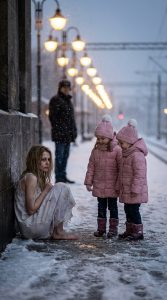 Two little girls walked up to a freezing homeless woman in a train station… and seconds later, their father recognized her—and everything stopped. 💔😱